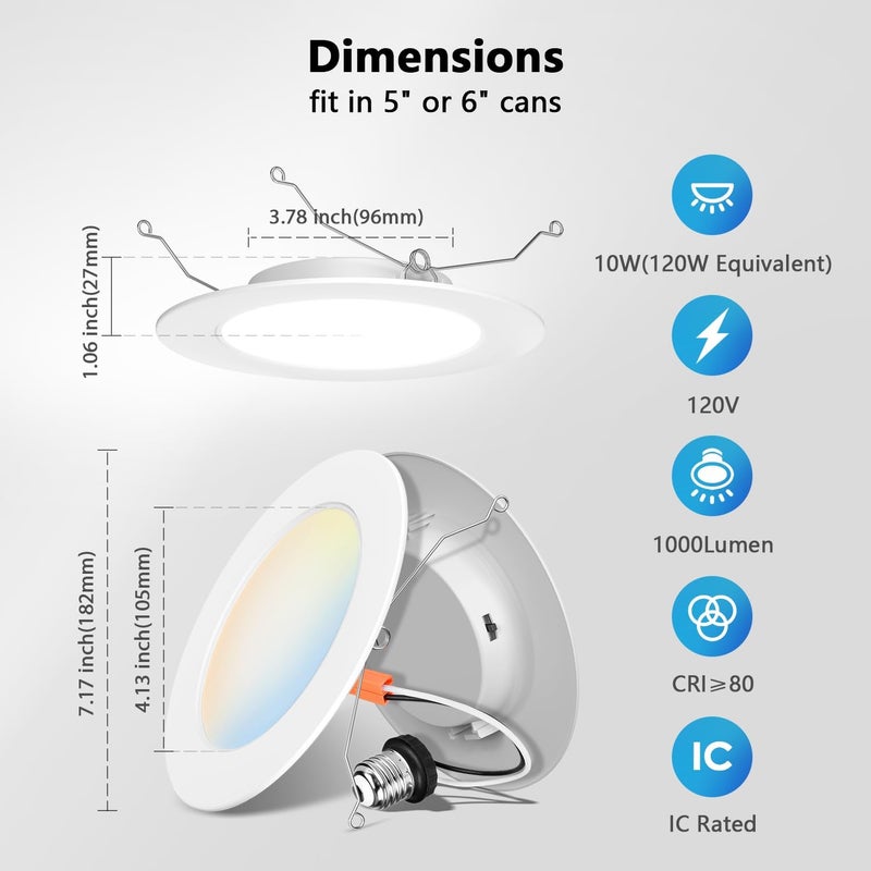 LVWIT LED Recessed Light 6Inch, Can Lighting Color Selectable 2700/3000/4000/5000/6000K 5CCT, 10W(120W Equivalent) Dimmable Downlight with E26 Conversion Kit, Retro Fit Ceiling Light Fixtures, 12 Pack - Image 3